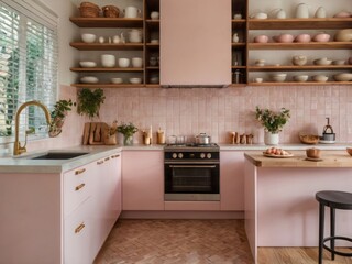 Pink Kitchen With Wooden Shelves And Gold Accents