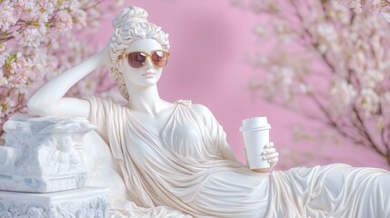 Ancient statue with sunglasses and coffee amid blossoms on pink background