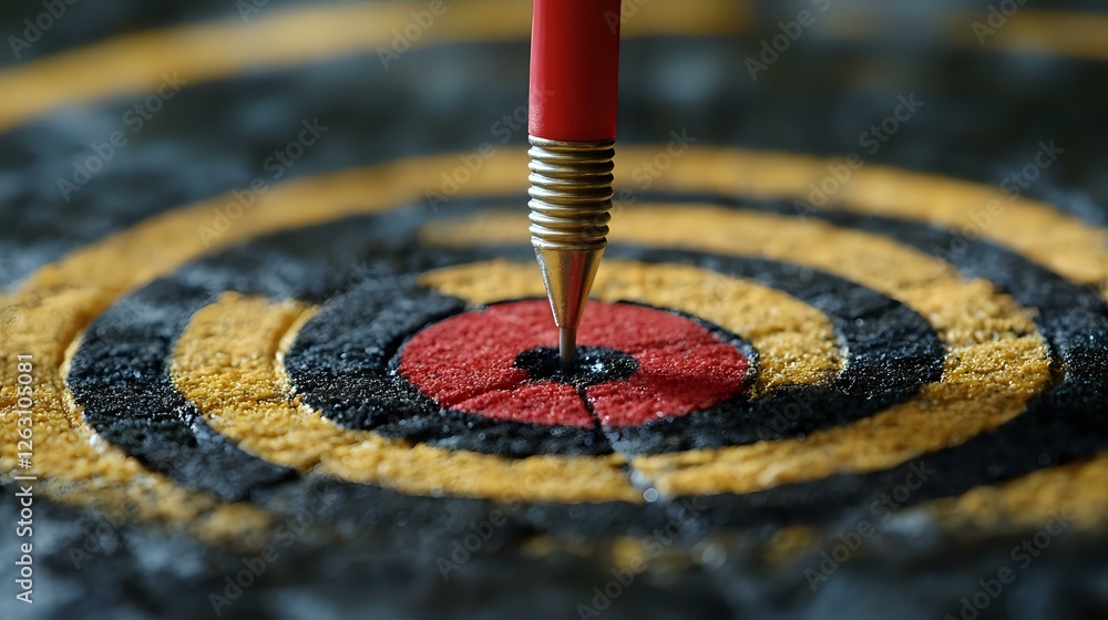 Poster red pencil pointing at center of dartboard target, extreme close-up view showing textured surface de