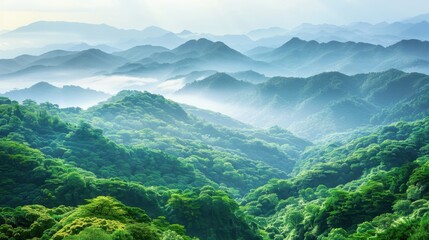 Fototapeta premium Mystical misty mountains with lush green foliage