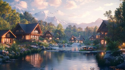 Naklejka premium Warm-Toned 3D Village by the River