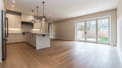 A stylish open-concept kitchen with walls freshly painted in warm beige tones, complemented by natural wooden flooring and modern pendant lights.