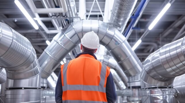 Industrial worker inspecting ventilation system in factory