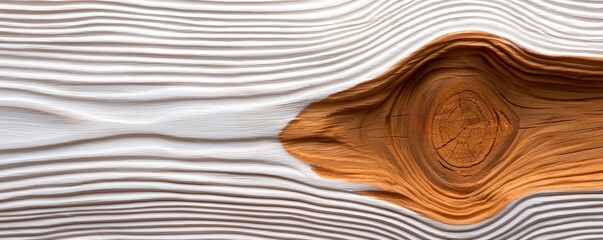 A close-up view of wood featuring intricate grain patterns and a striking knot, showcasing natural textures and colors.