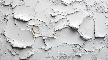 Obraz premium A close-up view of peeling paint on a textured wall, showcasing layers and irregular patterns in shades of gray and white.