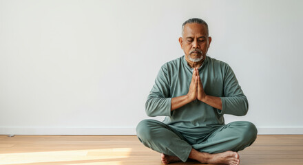 A man is sitting cross legged on the floor with his hands clasped in front of hi