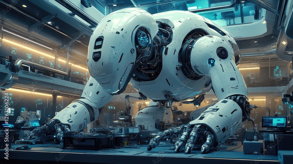 Poster advanced robotic unit working in futuristic laboratory