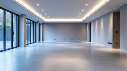 A spacious conference room under renovation, with walls freshly painted in a sophisticated neutral tone, ready to be furnished with modern office equipment.