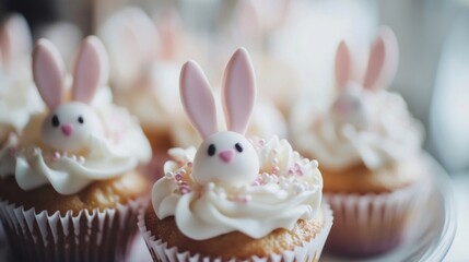 Delightful Easter cupcakes with bunny and chick decorations showcase festive creativity on a vintage ceramic plate