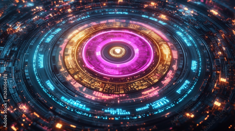 Poster high tech login background design for a modern online application with vibrant circular patterns and