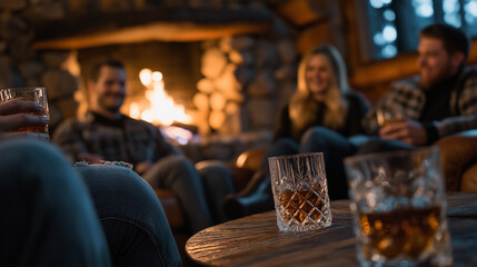 A cozy cabin setting with a crackling fireplace, where a group of friends sits in leather chairs, savoring whiskey in crystal tumblers.