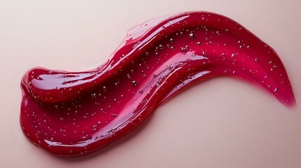 Obraz premium Glossy red cosmetic smear with sparkly glitter particles on pink background, macro shot showing texture and shine for beauty and makeup industry applications.
