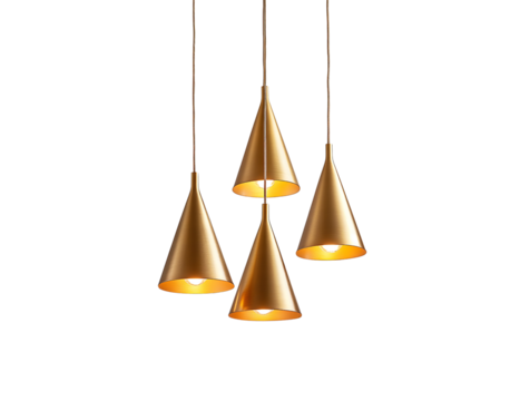 3 light golden hanging pendant lamps with cone-shaped shades  transparent background - Powered by Adobe