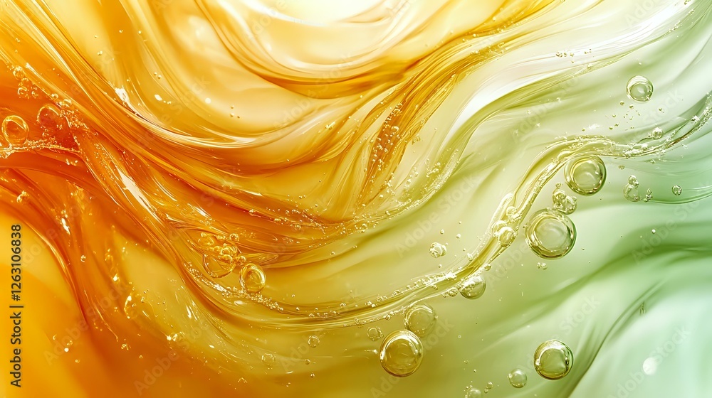 Poster flowing liquid waves in orange, yellow and green gradient colors with transparent bubbles creating d