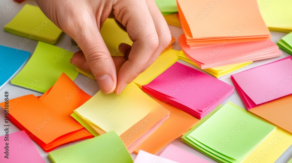 Poster hand organizes colorful sticky notes, symbolizing multitasking and time management. the vibrant scen