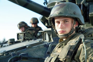 Fototapeta premium Soldier emerging tank 