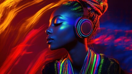 Fototapeta premium Dynamic Neon Portrait of Stylish Model with Headphones