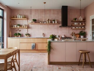 Modern Pink Kitchen With Light Wood Cabinets And Open Shelving