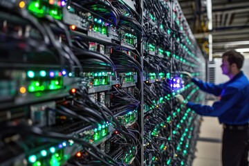 A data center technician inspecting server racks with blinking LED indicators