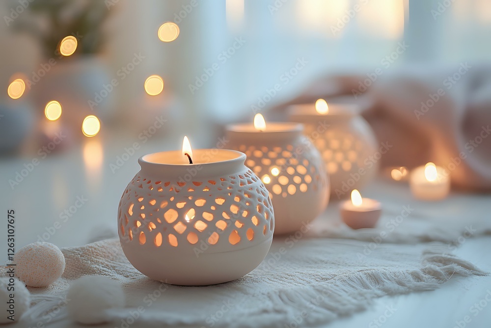 Poster glowing ceramic candle holders with intricate lattice pattern create cozy atmosphere on white textil
