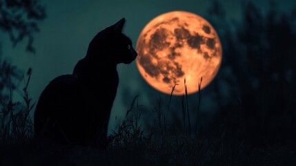 Fototapeta premium Black Cat Silhouetted Against a Full Moon on a Spooky Night