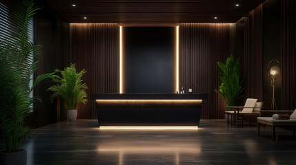 A luxury spa reception with a vertical banner ad promoting wellness packages, surrounded by soft lighting, elegant furniture, and serene green plants.