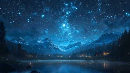 Radiant Starry Sky Shapes Mythical Creatures Over Tranquil Valley Landscape