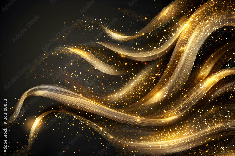 Aufkleber golden flowing waves with sparkling particles on a dark background, creating a dynamic and elegant a