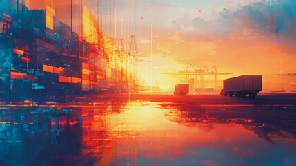 Container truck in ship port for business Logistics and transportation of Container Cargo ship and Cargo plane with working crane bridge in shipyard at sunrise, logistic import export and transport