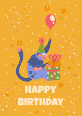 Animal monkey by wrapped presents, balloons