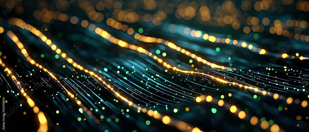 Poster abstract glowing lines with golden and turquoise bokeh lights on dark background create futuristic t