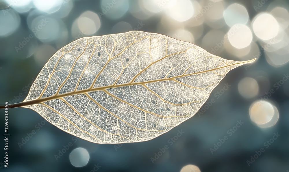 Poster delicate skeleton leaf detail with a soft bokeh background creating an ethereal feel