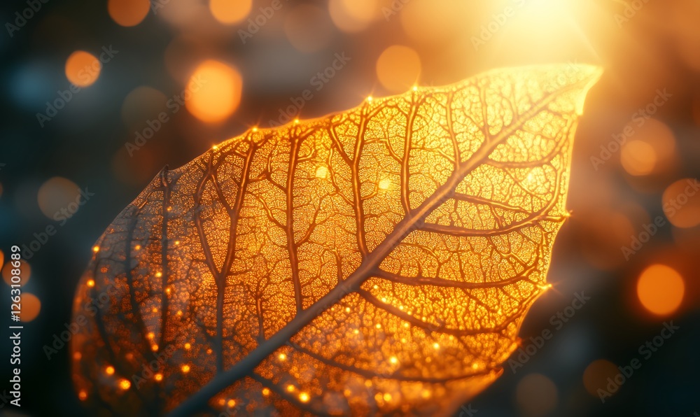 Poster golden leaf with intricate veins illuminated by a warm glow bokeh background