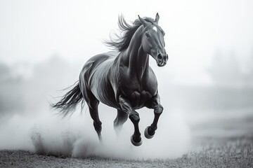 Obraz premium A majestic and cinematic black and white photograph of a horse galloping through an open field, with its mane flowing and dust rising in the background, copy space background