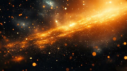 Obraz premium Glowing orange nebula with bright stars and cosmic dust particles floating in deep space against dark background creates mysterious galaxy atmosphere.