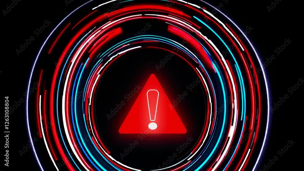 Poster a top-down view of a digital warning sign with a red exclamation mark, surrounded by dynamic, circul