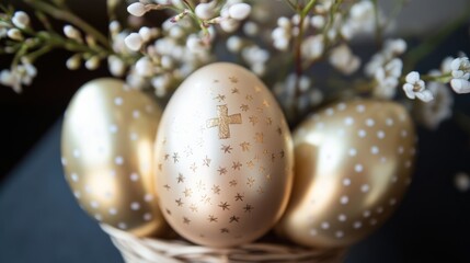 Obraz premium Easter basket featuring golden eggs decorated with Christian symbols surrounded by blooming spring flowers