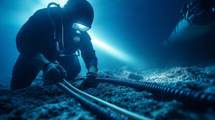 A deep-sea technician in a dark wetsuit and heavy gloves adjusts a fiber-optic cable on the ocean floor, while beams of light from a submersible illuminate the area.