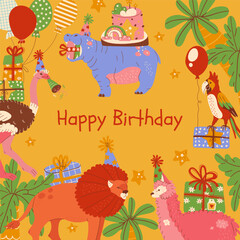 Animal by wrapped presents, balloons, and confetti