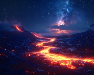Naklejka premium Glowing Starry Sky over Vibrant Volcanic Landscape Radiant Celestial Light Contrasting with Fiery Lava