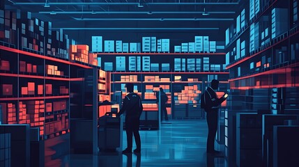 Night warehouse scene with three workers amidst stacks of boxes.