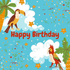 Naklejka premium Birthday card with tropical palm trees, birds