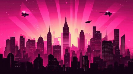 Fototapeta premium Pink city skyline with flying vehicles under a radiant sky