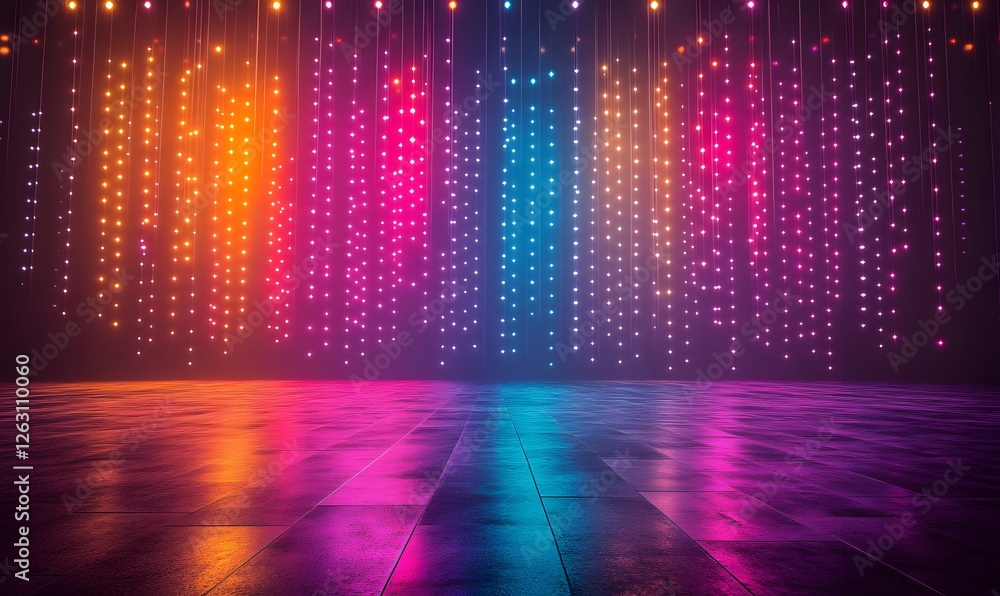 Poster abstract colorful light stage with glowing particle curtains background image