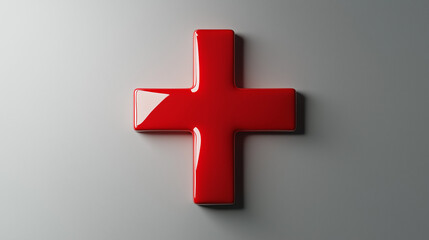 Obraz premium a three-dimensional red cross symbol with smooth, glossy surfaces casting a soft shadow, placed on a neutral gray background, illuminated by ambient light for a modern and sleek appearance