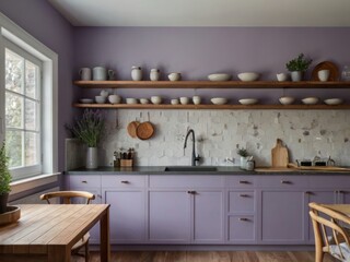 Lavender Kitchen With Wooden Shelves And Hexagon Tiles