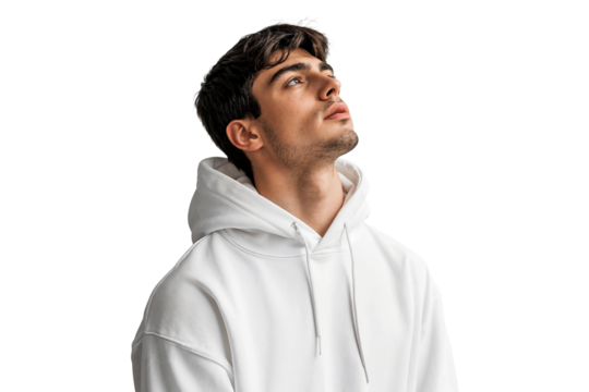 Handsome man wearing white hoodie and looking up, isolated on transparent background