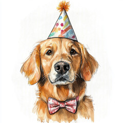 A golden retriever wearing a festive party hat and bowtie, watercolor hand draw illustration on white background.