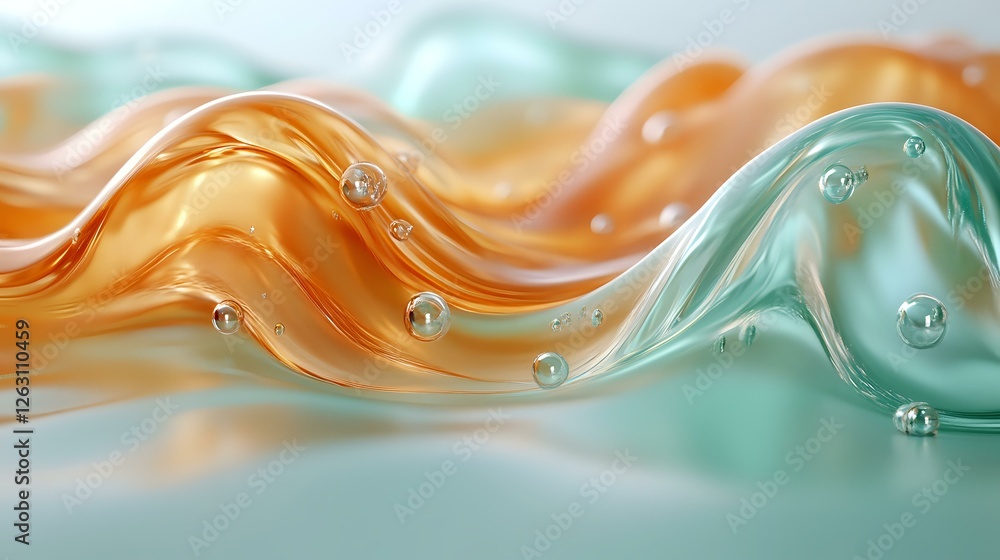 Poster flowing waves of orange and turquoise liquid with transparent spheres creating dynamic abstract comp