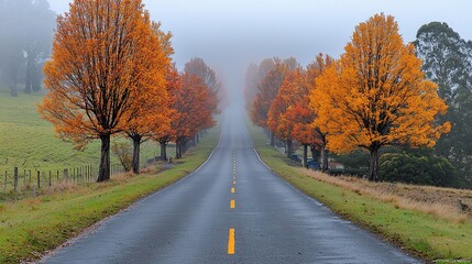 Obraz premium Autumnal road, misty hills, colorful trees, scenic drive, travel poster